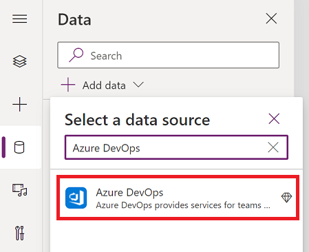 Captura de pantalla de la conexión a Azure DevOps en el panel de selección del origen de datos.