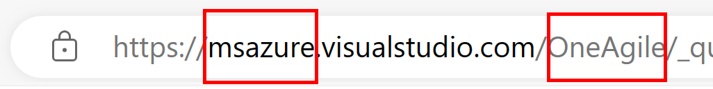 Captura de pantalla de la ubicación del proyecto y el nombre de la organización de la instancia de Azure DevOps.