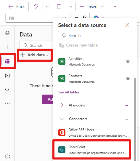 Captura de pantalla que muestra la ruta de acceso del menú para conectarse a SharePoint desde el menú Datos.