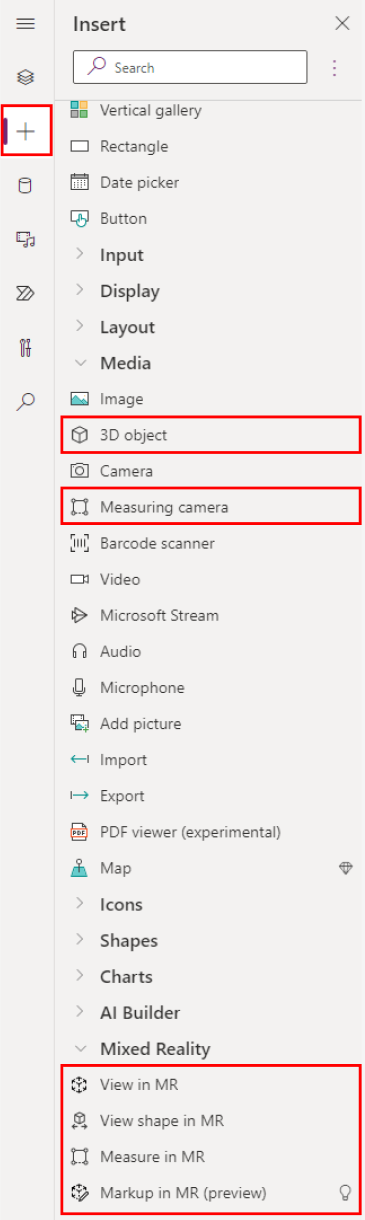 Captura de pantalla del panel Insertar en Microsoft Power Apps Studio.