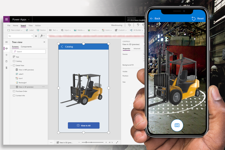 Captura de pantalla de una aplicación de teléfono con un control 3D en construcción en Microsoft Power Apps Studio, junto con una foto que muestra la aplicación en uso.