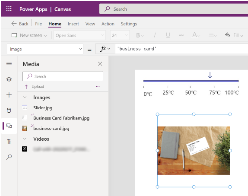 Ejemplo de Power Apps Studio con una biblioteca y multimedia agregadas.