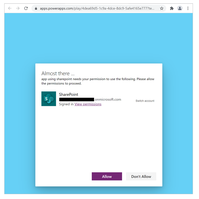 Power Apps cuadro de diálogo de consentimiento