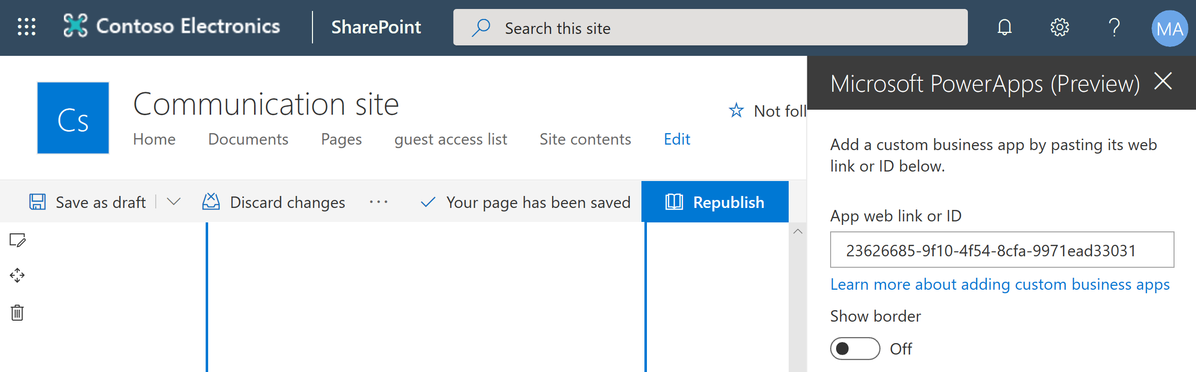 Integre una aplicación de lienzo en SharePoint para invitados.