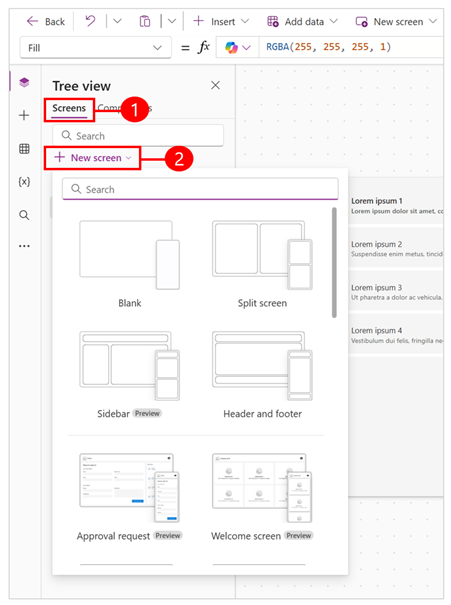 Captura de pantalla que muestra cómo elegir un diseño en el menú Nueva pantalla