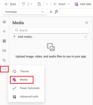 Captura de pantalla que muestra cómo seleccionar la opción Medios en el menú de creación.