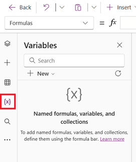 Captura de pantalla que muestra las colecciones de la aplicación que se encuentran en la sección Variables.