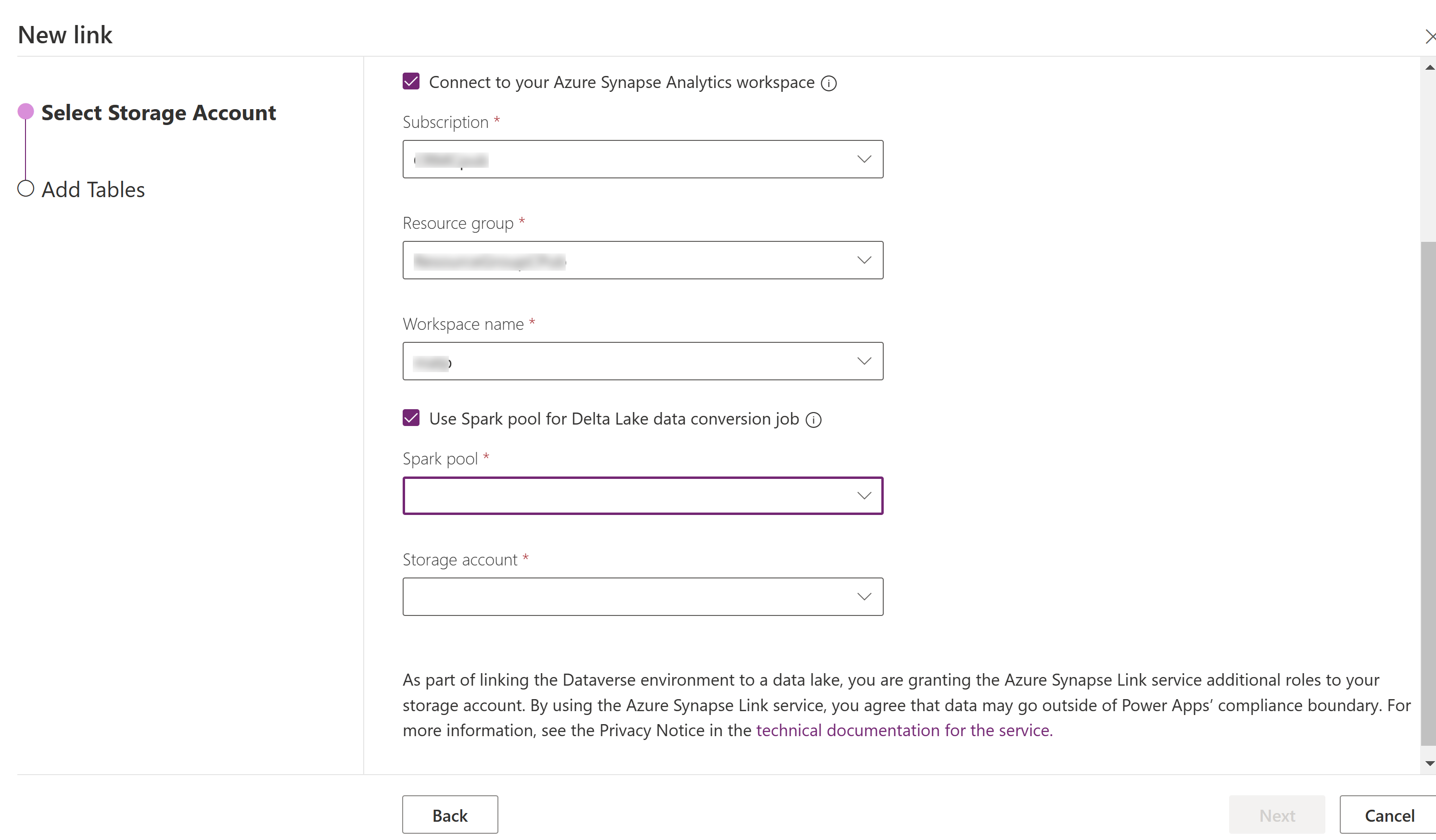 Azure Synapse Link para la configuración de Dataverse que incluye Spark pool.