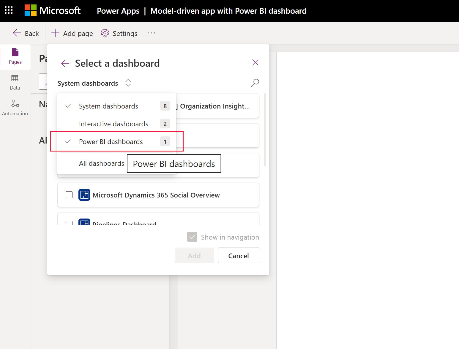 Selección de paneles de Power BI en el selector de paneles