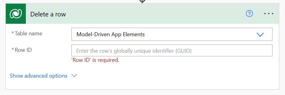 Eliminar una acción de flujo de fila utilizando la fila de la tabla Dataverse de una aplicación basada en modelos