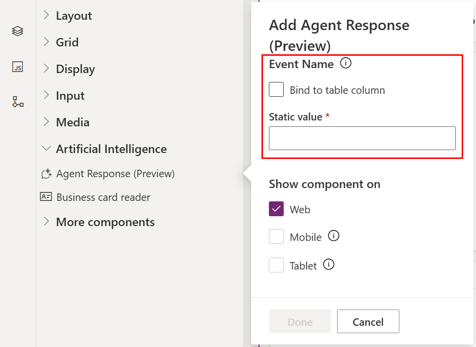 Configurar el nombre del evento de respuesta del agente