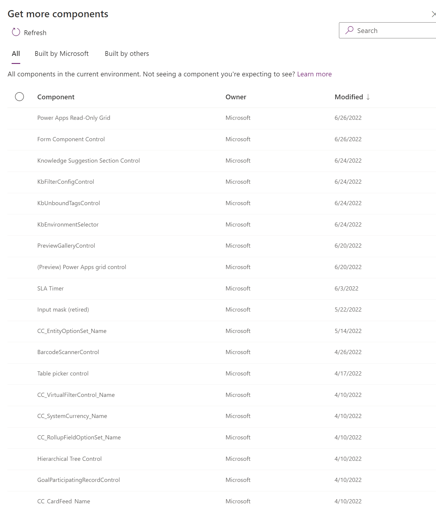 Componentes disponibles en el vínculo Obtener más componentes