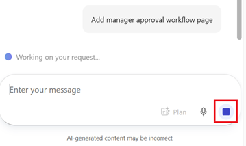  Captura de pantalla del botón de detención usado para cancelar una solicitud de chat en Power Apps vibe.