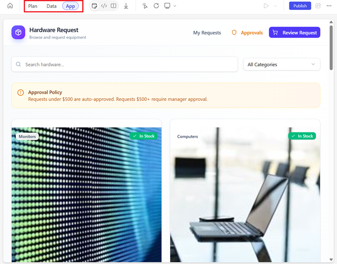 Captura de pantalla de las opciones de menú Plan, Data y App del área de trabajo.