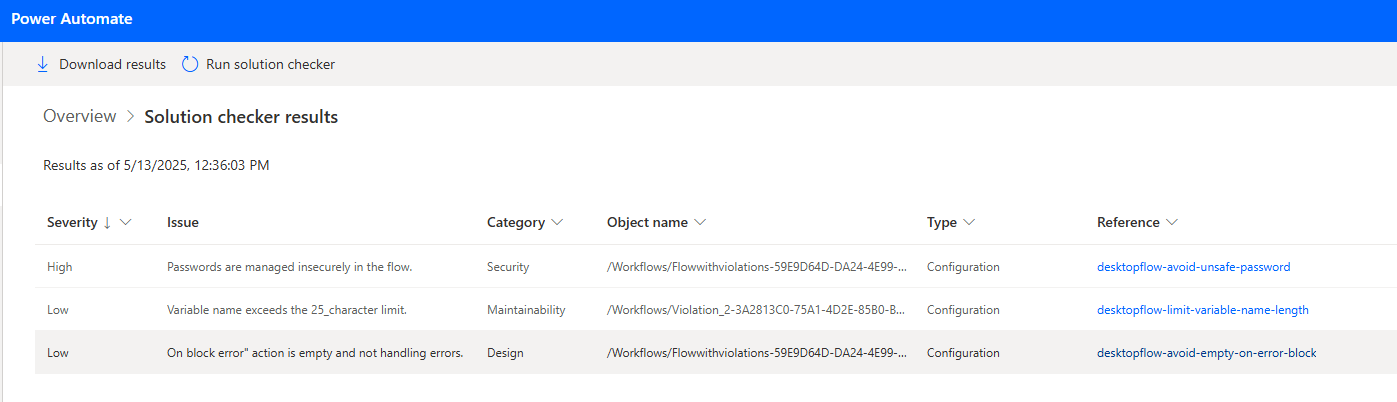 Captura de pantalla de los resultados del análisis estático de una solución en el portal de Power Automate.