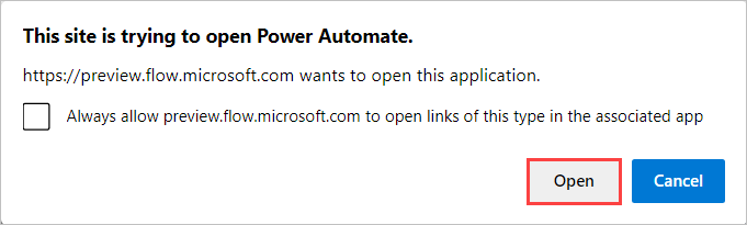 Captura de pantalla de un mensaje del explorador que pregunta si se debe iniciar Power Automate.