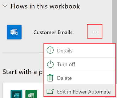 Captura de pantalla de las opciones de la herramienta de gestión de flujo en Excel para la web.