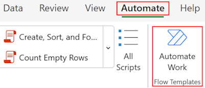 Captura de pantalla del comando Automatizar trabajo en la barra de herramientas de Excel para la web.