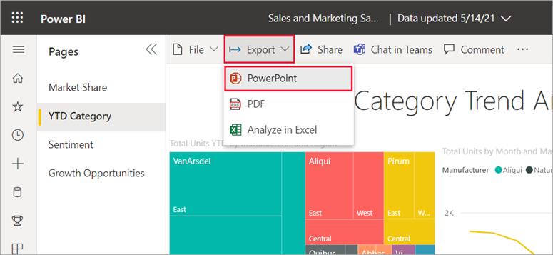 Captura de pantalla que muestra las opciones de la barra de menús de Exportar PowerPoint.