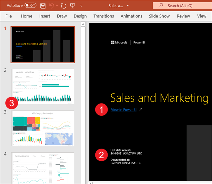 Captura de pantalla de PowerPoint archivo abierto con elementos numerados que resaltan las características clave.