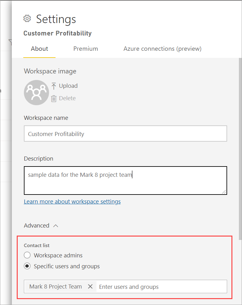 Captura de pantalla de la configuración de la lista de contactos que muestra los contactos del área de trabajo.