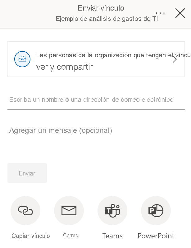 Captura de pantalla del cuadro de diálogo Compartir vínculo en Power BI que muestra personas de su organización, personas específicas y Personas con opciones de acceso existentes para compartir informes y paneles.