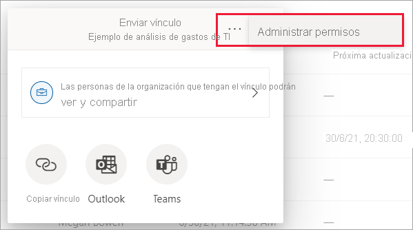 Captura de pantalla del panel Administrar permisos de Power BI en la que se muestran las opciones para copiar vínculos, conceder acceso directo y ver las solicitudes pendientes.