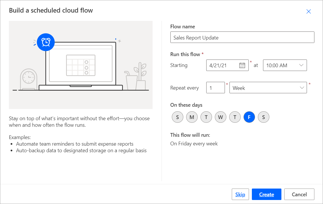 Captura de pantalla que muestra el cuadro de diálogo para crear un flujo de nube programado