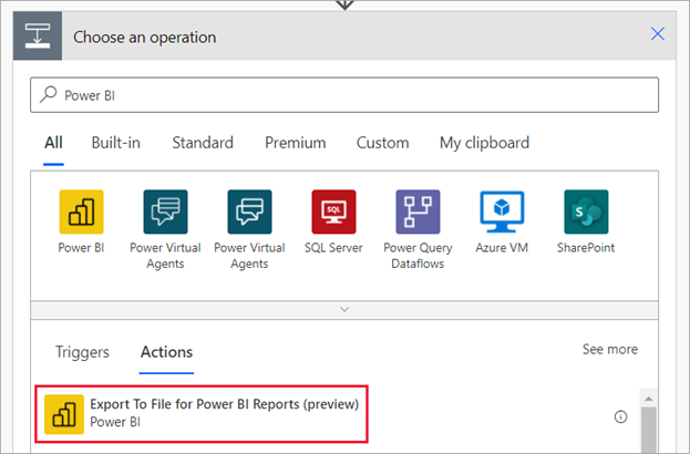 Captura de pantalla que muestra el cuadro de diálogo de Power Automate para elegir una operación. La exportación al archivo de informes de Power&nbsp;BI está resaltada.