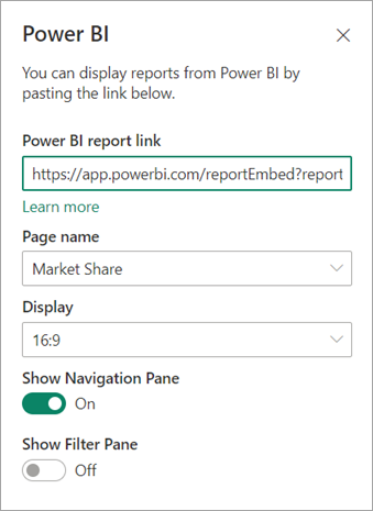 Captura de pantalla del cuadro de diálogo de nuevas propiedades del elemento web de SharePoint con el vínculo de informe de Power&nbsp;BI resaltado.