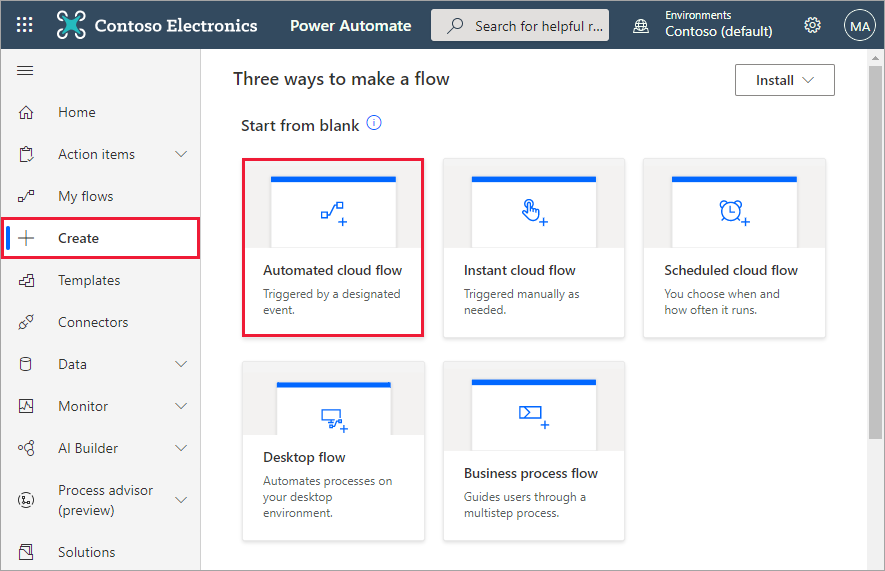 Captura de pantalla de la pantalla Crear flujo automatizado en la nube de Power Automate.