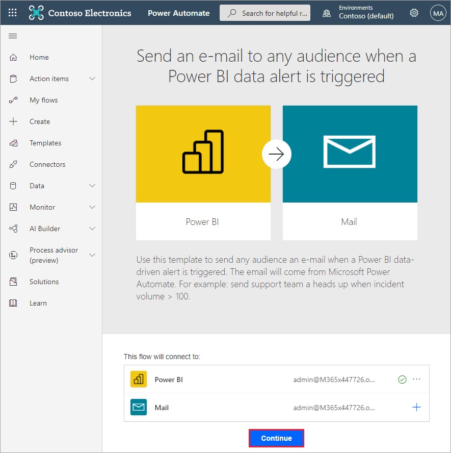 Captura de pantalla de la opción Power BI para correo de Power Automate.