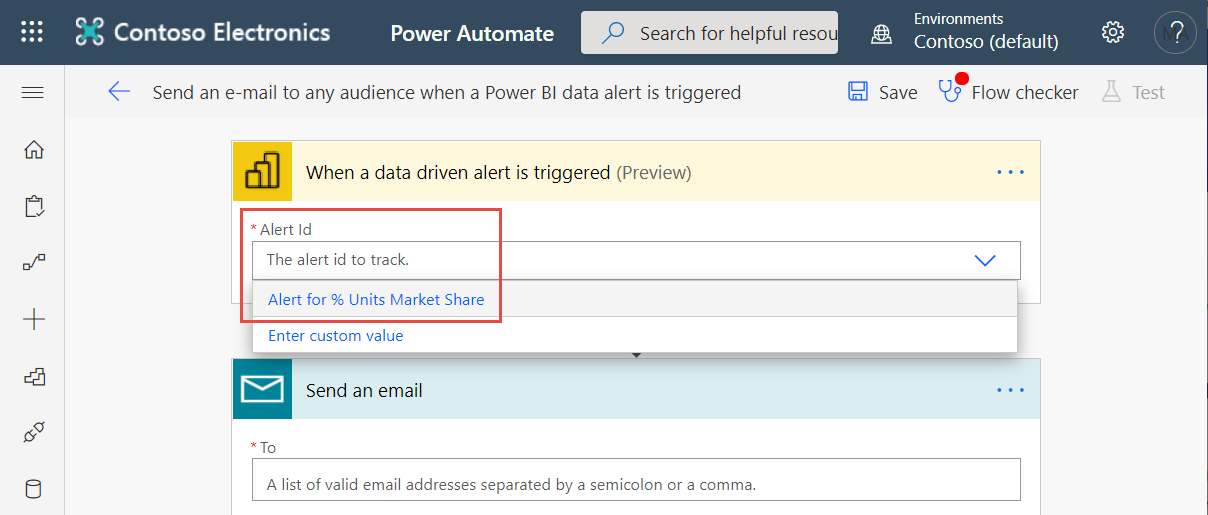 Captura de pantalla de la lista desplegable Id. de alerta que muestra las alertas de datos de Power BI disponibles.