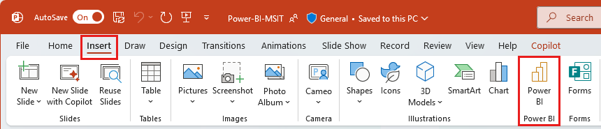 Captura de pantalla del botón del complemento de Power BI ubicado en la cinta Insertar en la aplicación de escritorio de PowerPoint.