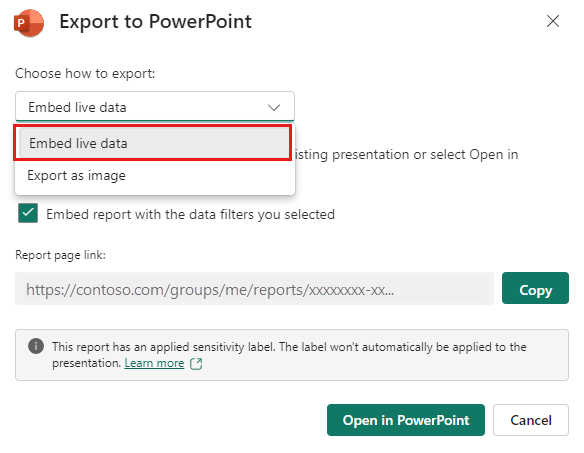 Captura de pantalla de la opción de incrustar datos en vivo en el informe de Power BI.