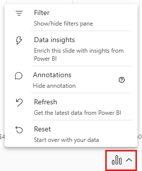 captura de pantalla del menú de opciones de datos del complemento de Power BI para PowerPoint.