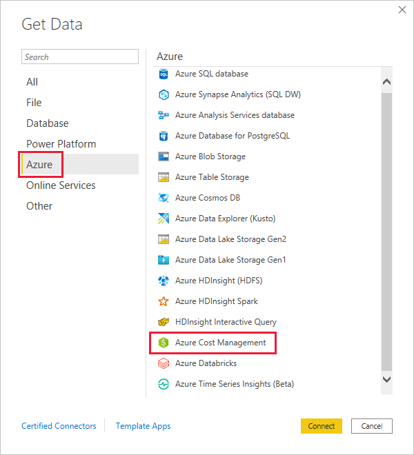 Captura de pantalla del cuadro de diálogo Obtener datos con selecciones resaltadas para conectarse a Azure Cost Management.