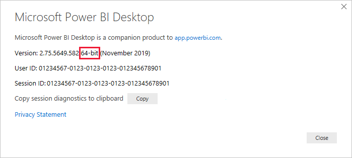 Captura de pantalla del cuadro de diálogo Acerca de Power BI Desktop que muestra la información de la versión de 64 bits.