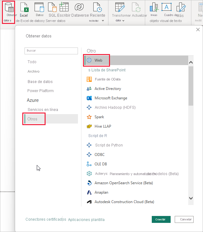 Captura de pantalla de la lista de todos los orígenes de datos.