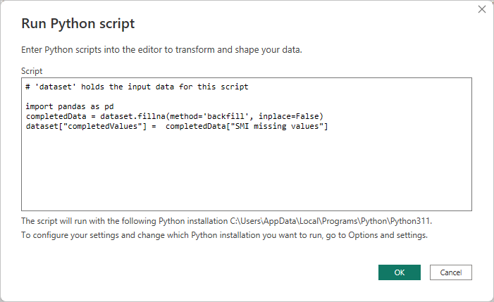 Captura de pantalla del cuadro de diálogo Ejecutar script de Python, que muestra el código de script.