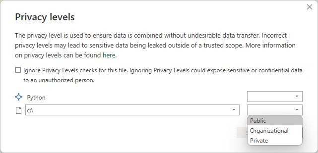 Captura de pantalla del cuadro de diálogo Niveles de privacidad, que muestra que Public está establecido.
