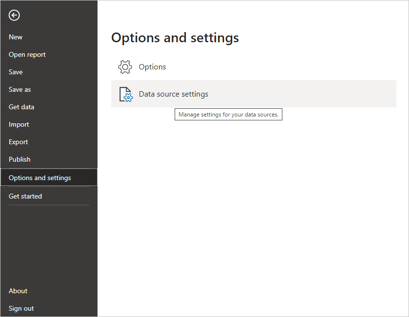 Captura de pantalla del menú Archivo de Power BI Desktop, que muestra la opción Configuración del origen de datos.