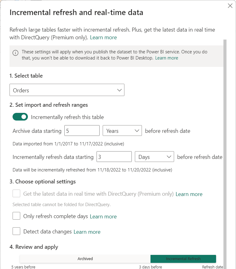 Cuadro de diálogo de actualización incremental y política de datos en tiempo real mostrando el rango de actualización incremental.