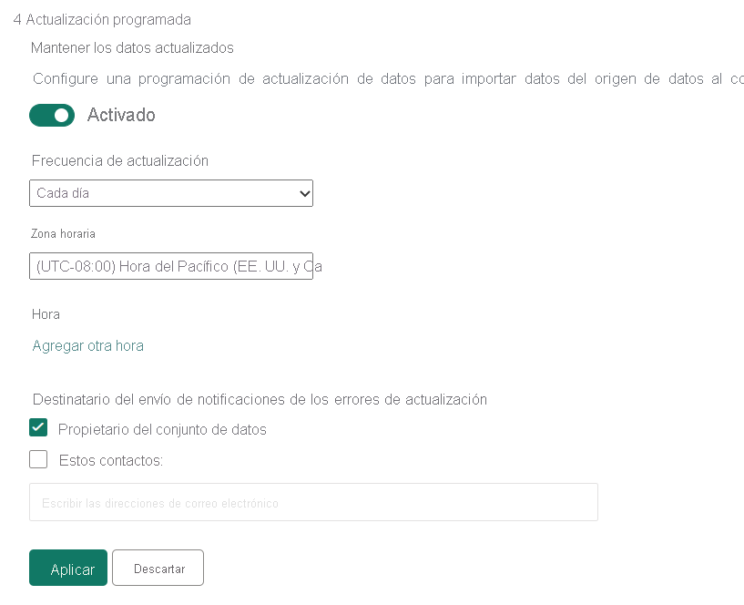 Captura de pantalla de la configuración de actualización programada que muestra las ranuras de frecuencia y hora de un modelo semántico.
