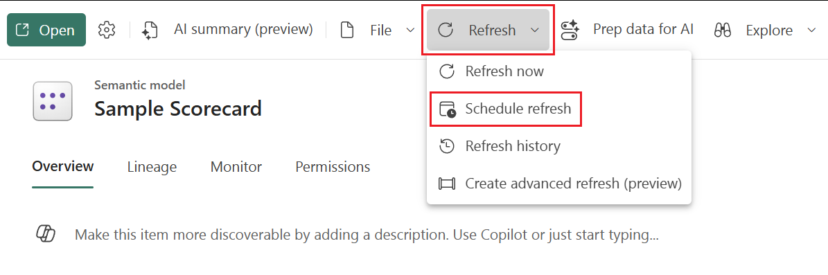 Captura de pantalla de la opción de menú de actualización programada en una página de detalles del modelo semántico en el servicio Power BI.
