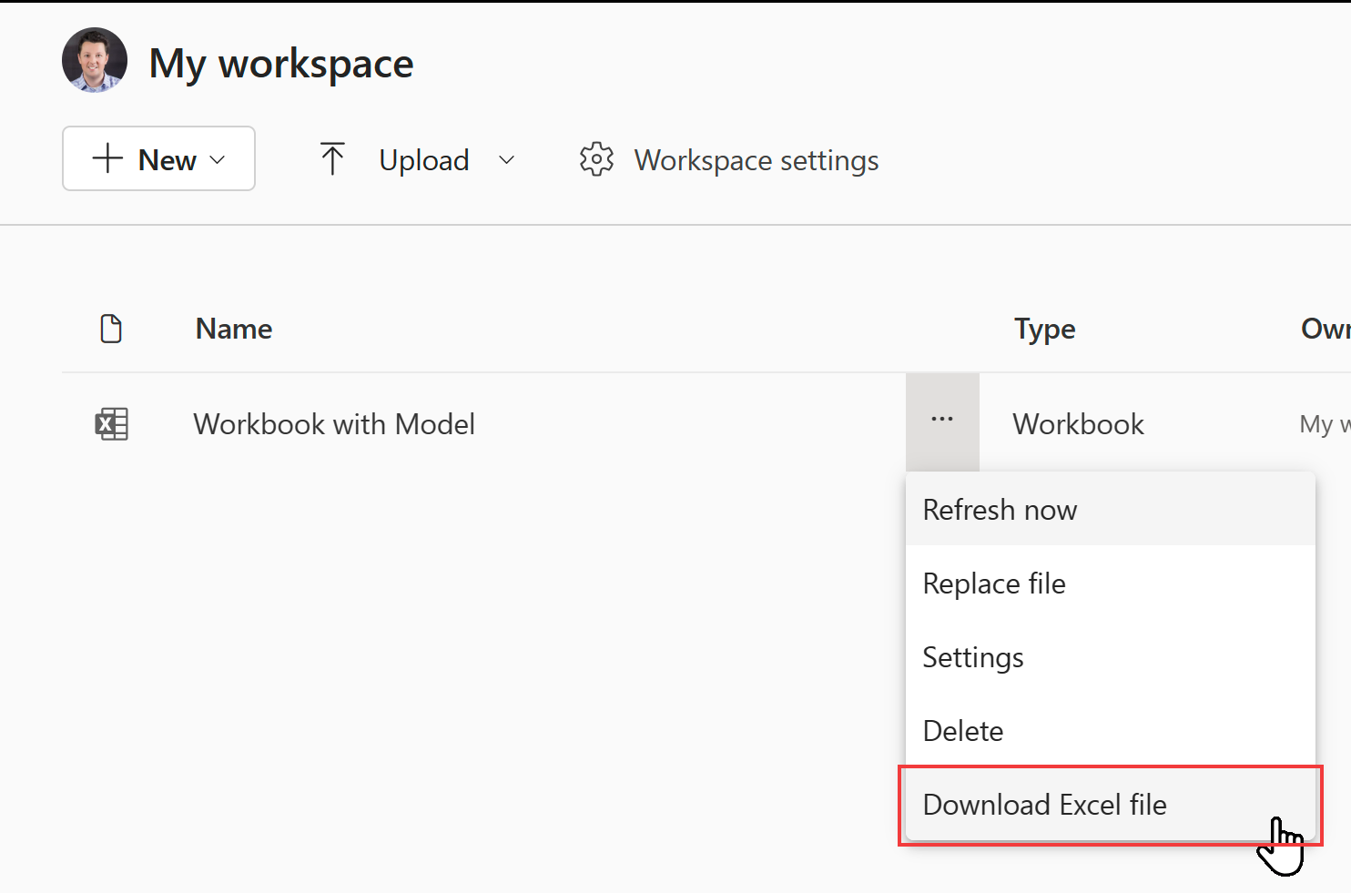 Imagen de pantalla que muestra la opción de descargar archivo de Excel para libros de trabajo locales.