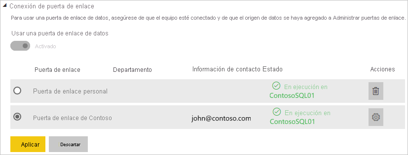 Captura de pantalla de la configuración del origen de datos de puerta de enlace que muestra el estado En ejecución en Conexiones de puerta de enlace.