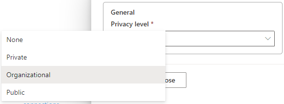 Captura de pantalla de las selecciones de nivel de privacidad de los orígenes de datos.