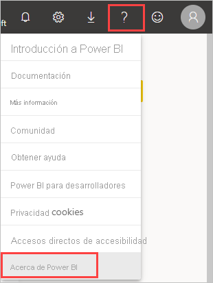 Captura de pantalla que muestra el signo de interrogación con el que puede determinar la ubicación de su inquilino de Power&nbsp;BI.