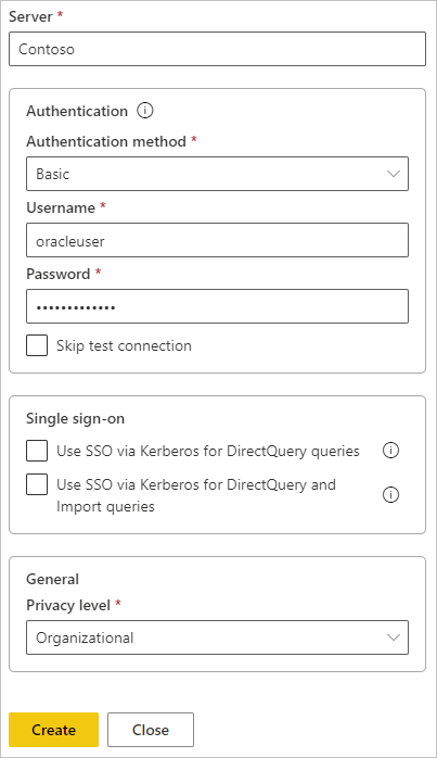 Captura de pantalla de relleno de credenciales y nivel de privacidad para el origen de datos de Oracle.